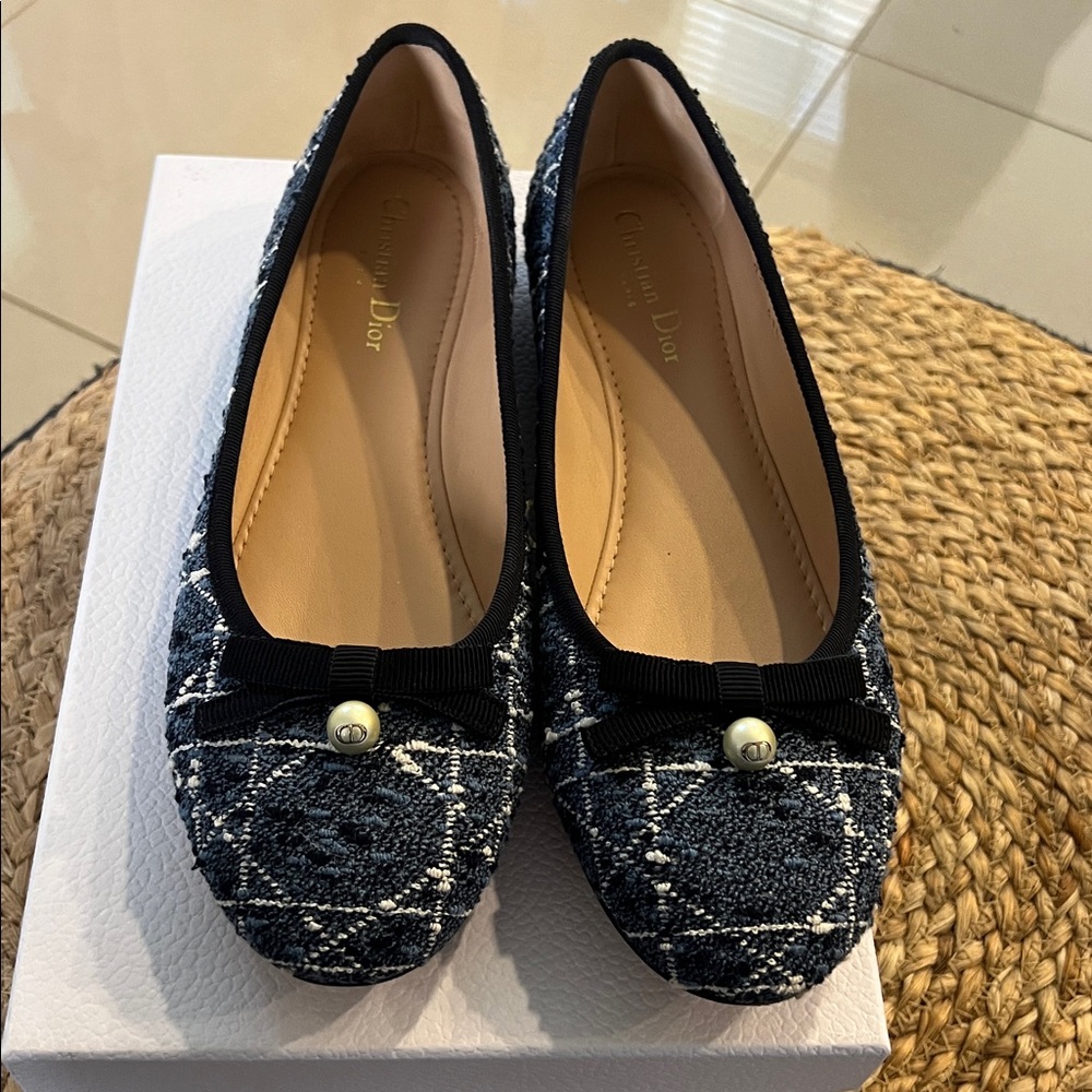 DIOR Blue Denim and White Cannage Tweed Pearl Bow Ballet Flats